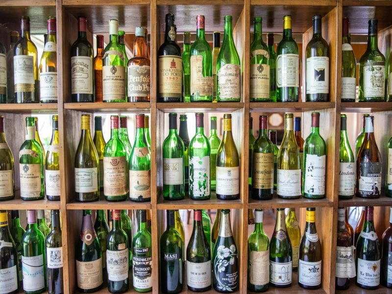 Vintage wine bottles on display at Hunter Valley Resort, Pokolbin